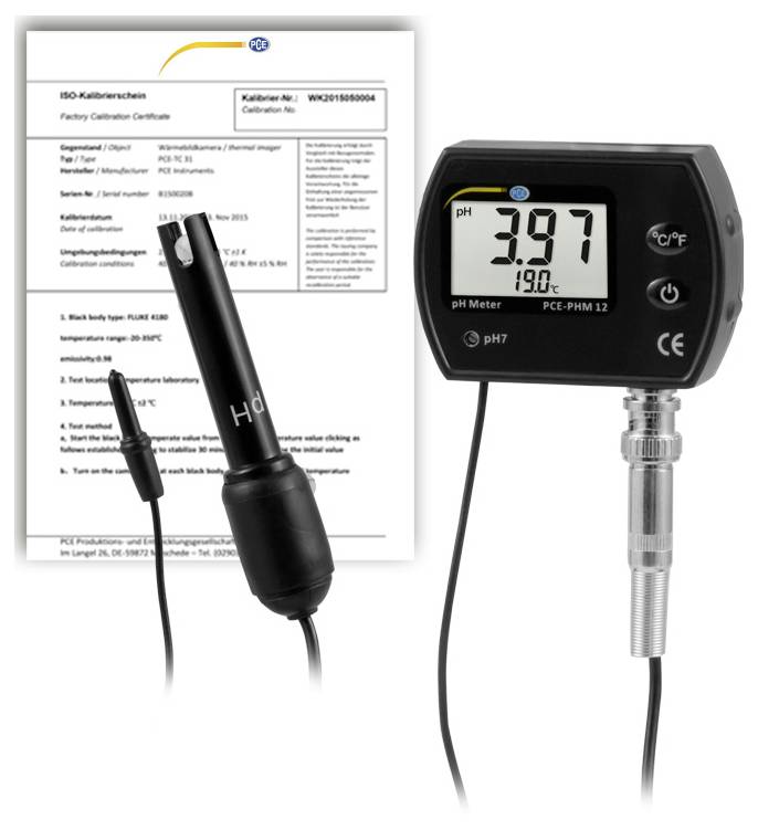 Digitales pH-Meter mit Messsonde und Display, das 3,97 pH und 19,0°C anzeigt, neben einem Kalibrierzertifikat und einer Elektrode.