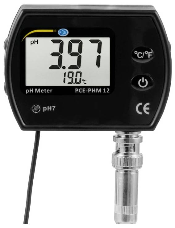 Digitales pH-Messgerät mit Anzeige von pH 3,97 und 19,0°C, mit angeschlossener Sonde und sichtbaren °C/°F- und Ein-/Ausschaltern.