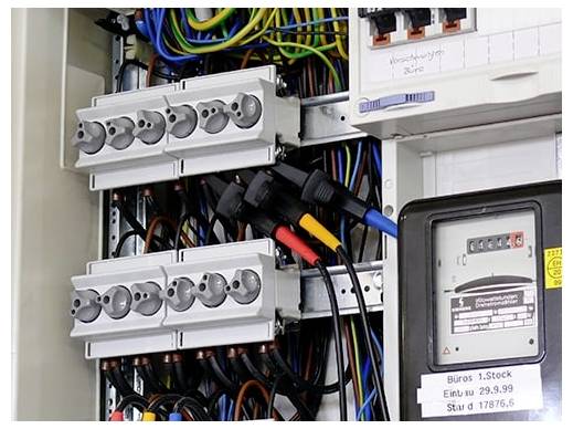 Nahaufnahme eines Elektroverteilers mit Schutzschaltern, Zählern und gebündelten farbcodierten Leitungen zur Stromverteilung im Gebäude.