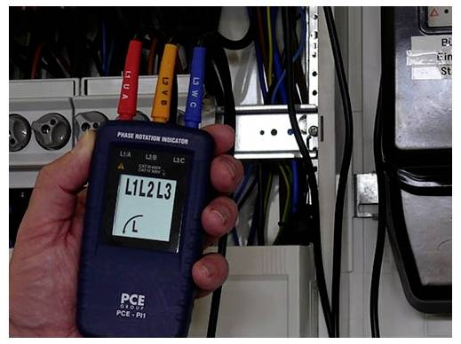 Hand hält einen Phasendrehfolgprüfer in einem Elektroverteilkasten, mit farbigen Messleitungen verbunden mit Drähten und Kabeln.