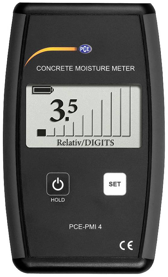 Ein Feuchtigkeitsmessgerät für Beton zeigt eine Messung von 3,5 Relativ/DIGITS. Es gibt Tasten für 'HOLD' und 'SET'.
