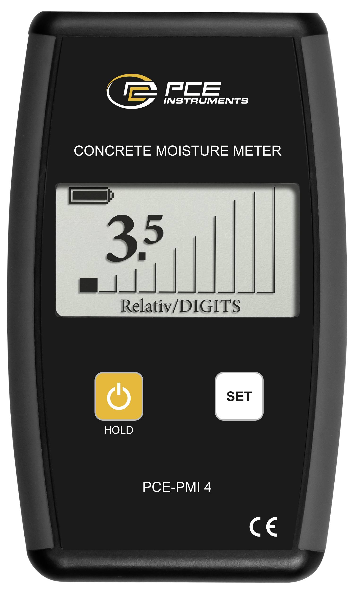 PCE Instruments Betonfeuchtemessgerät mit digitalem Display, mit den Tasten „HOLD" und „SET" auf der Vorderseite.