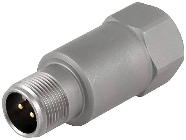 Ein grauer, zylindrischer Steckverbinder mit zwei sichtbaren Metallkontakten.