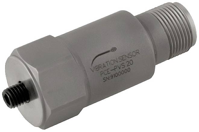 Vibrationssensor PCE-PVS 20, zylindrische Form, graue Farbe, Bauteil für Messungen und Überwachungen in industriellen Anwendungen.