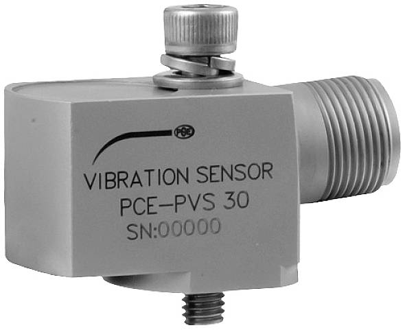 Vibrationssensor PCE-PVS 30 mit zwei Befestigungspunkten und Anschlussgewinde. Gehäuse aus Metall mit Beschriftung und Seriennummer.
