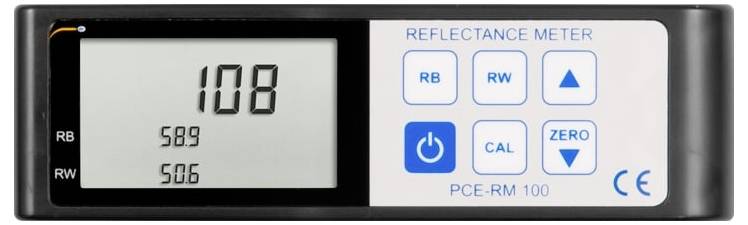 Digitales Reflexionsmessgerät-Display mit einer Anzeige von 108, RB- und RW-Werte von 589 und 506, und Steuertasten auf der rechten Seite.