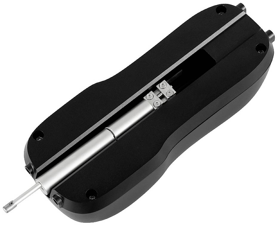 Ein schwarzer, länglicher Sensor mit Edelstahlkomponenten, verwendet zur präzisen Messung von linearen Bewegungen in technischen Geräten.