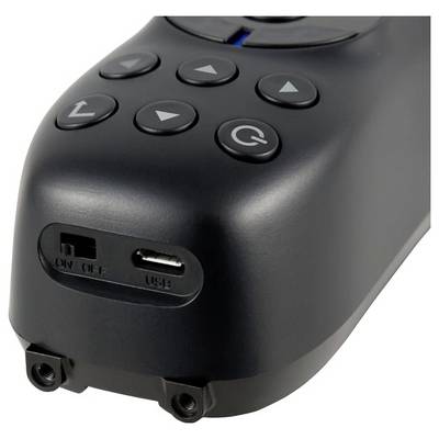 Schwarzes tragbares Fernbedienungsgerät mit Pfeiltasten, einer Stromtaste und einem Ein-/Ausschalter sowie USB-Anschluss an der Vorderseite.