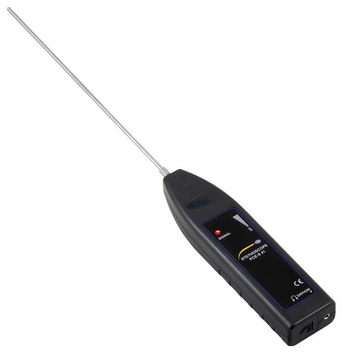 Tragbares digitales Thermometer mit langer Metallsonde und schwarzem Display-Griff mit Anzeigelichtern.
