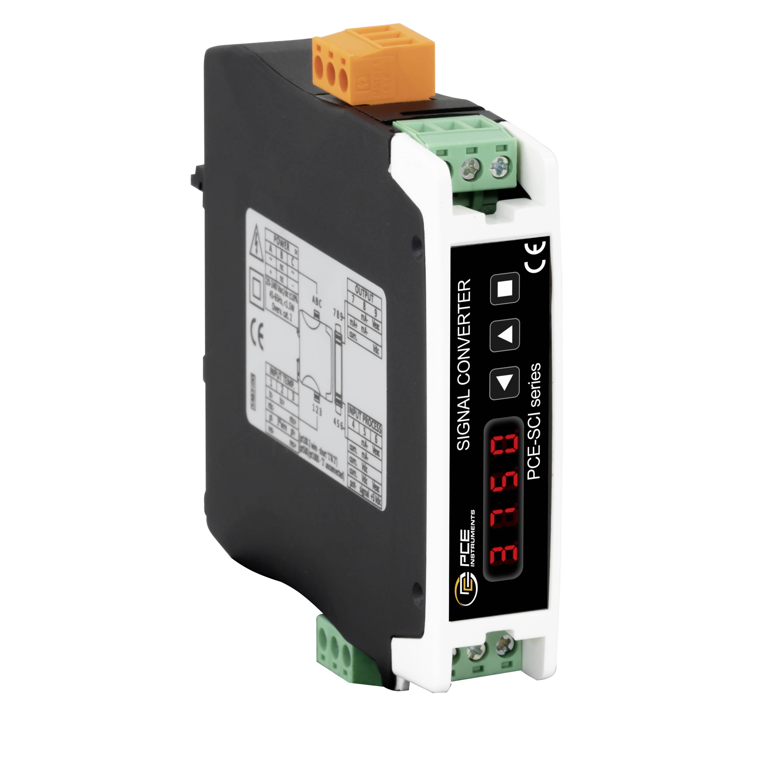 Industrielles Signalwandlermodul mit rotem digitalen Display und Anschlussblöcken, gekennzeichnet als „SIGNAL CONVERTER" und „PCE-SCI Serie".