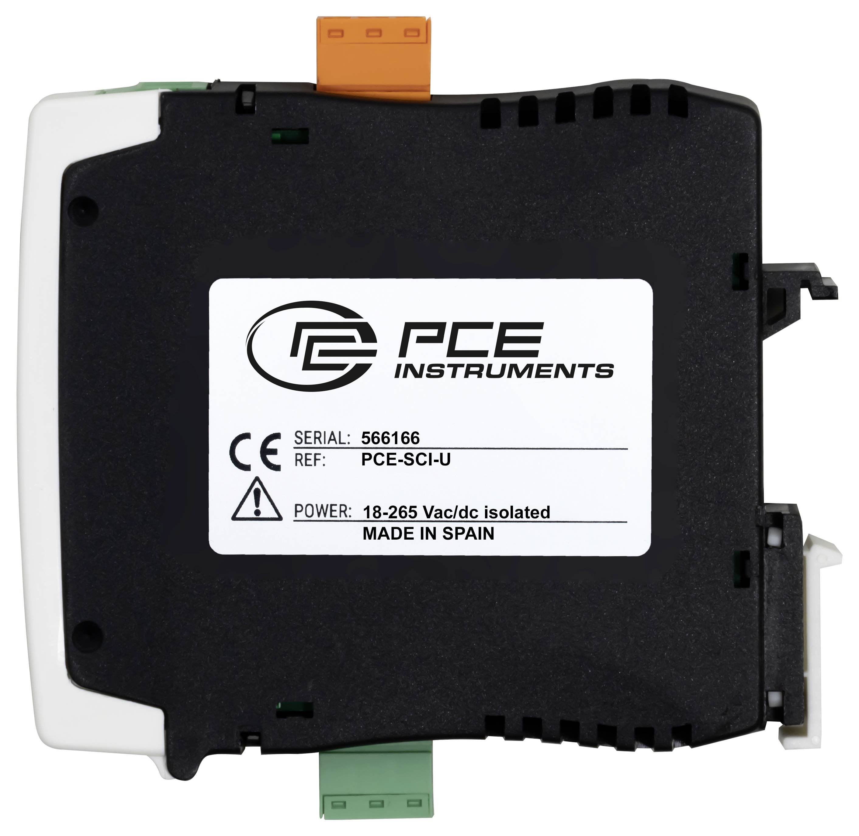 Schwarzes PCE-Instrumentenschnittstellenmodul mit orangem oberen Stecker und grünem unteren Stecker, gekennzeichnet mit „PCE-SCI-U" und „18–265 Vac/dc isoliert".