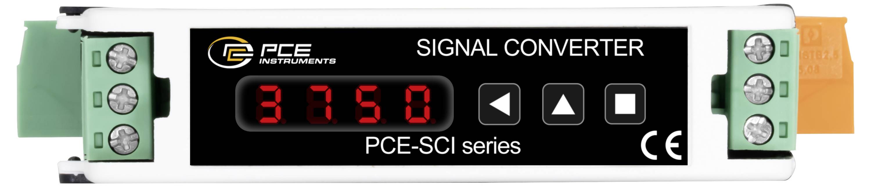 PCE Instruments Signalumwandlermodul mit digitaler Anzeige, die 31,50 anzeigt, und drei Steuertasten, dargestellt in einem weißen Gehäuse mit grünen Anschlussblöcken.