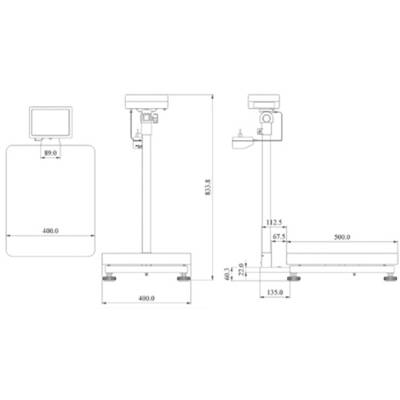 Ein technisches Diagramm zeigt die Seiten- und Frontalansicht einer elektronischen Waage mit genauen Maßangaben in Millimetern.