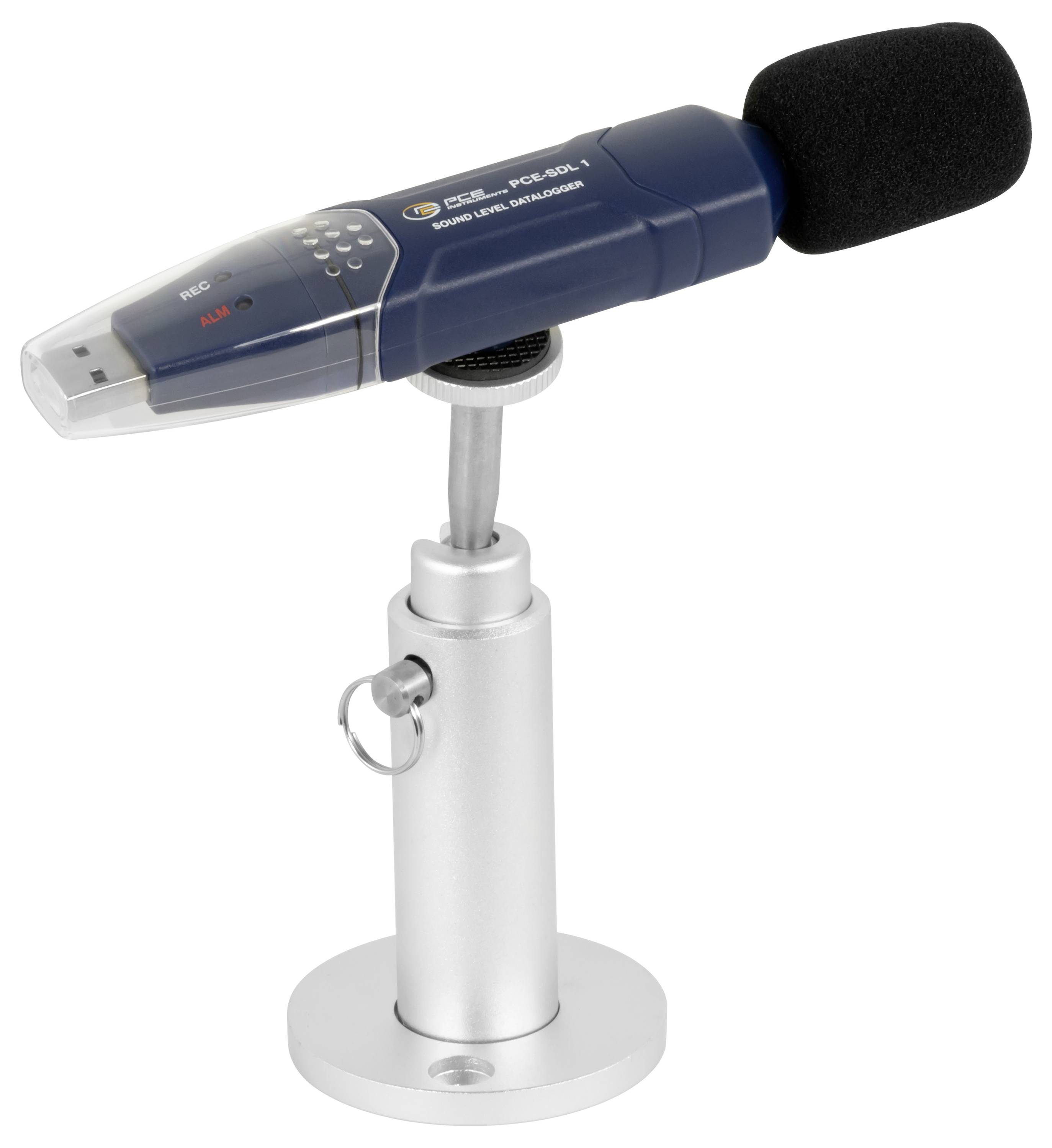 Tragbarer tragbarer Audiorekorder auf einem Ständer montiert, mit Schaum-Mikrophon-Windschutz und sichtbarem USB-Anschluss