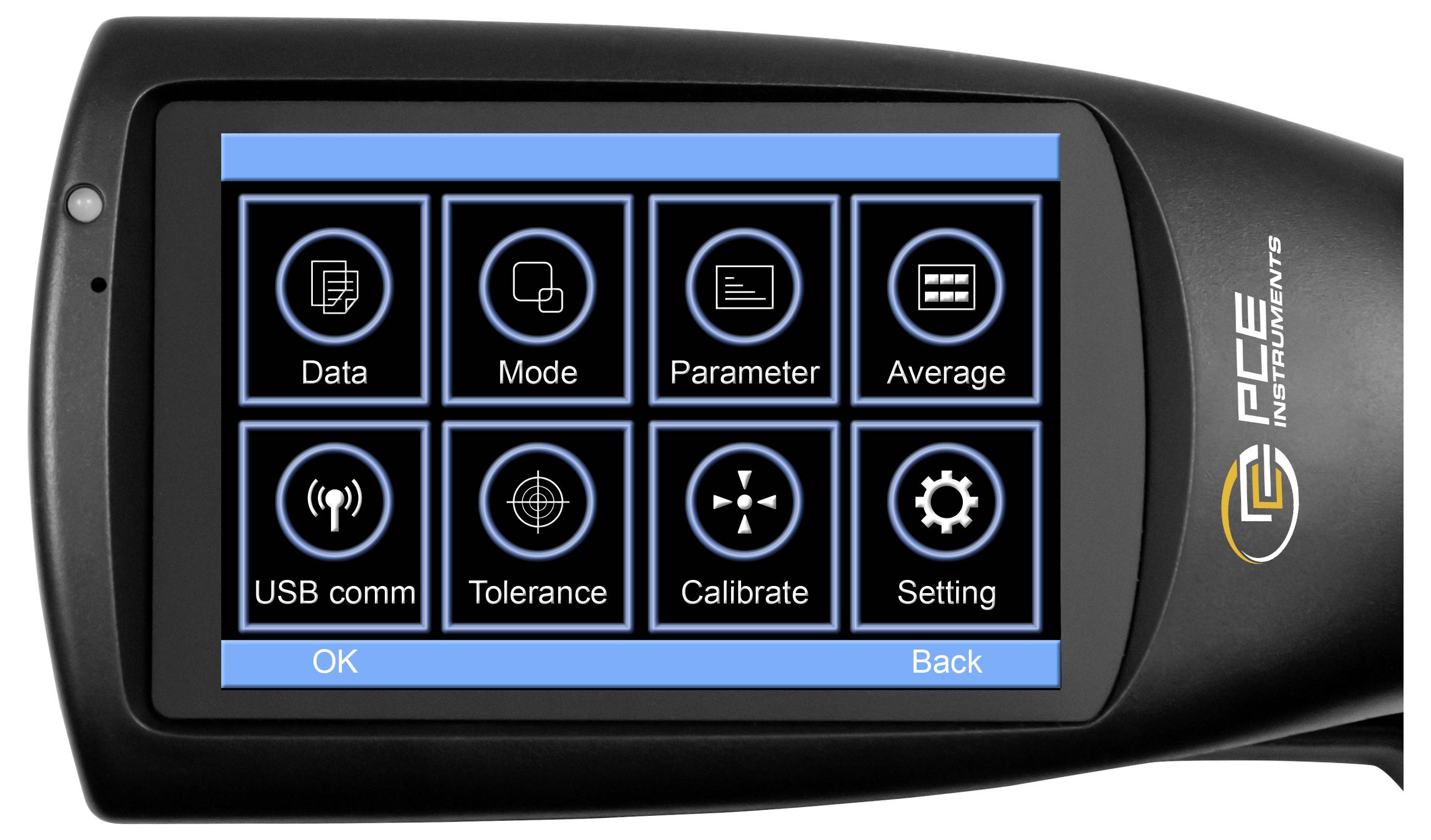 Tragbares Gerät mit Touchscreen-Menü mit acht Optionen: Daten, Modus, Parameter, Durchschnitt, USB-Kommunikation, Toleranz, Kalibrieren und Einstellung, mit OK- und Zurück-Schaltflächen.