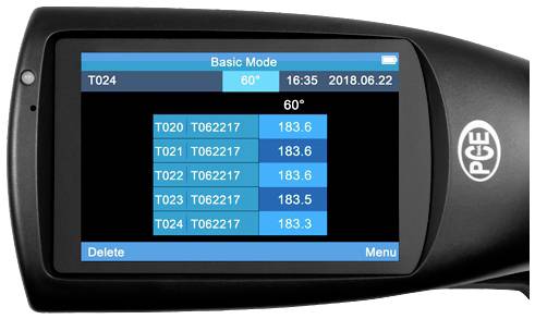 Ein digitales Gerät zeigt im "Basic Mode" eine Liste mit ID-Nummern und Messwerten um 183,6, mit Datum 22.06.2018 und Uhrzeit 16:35.