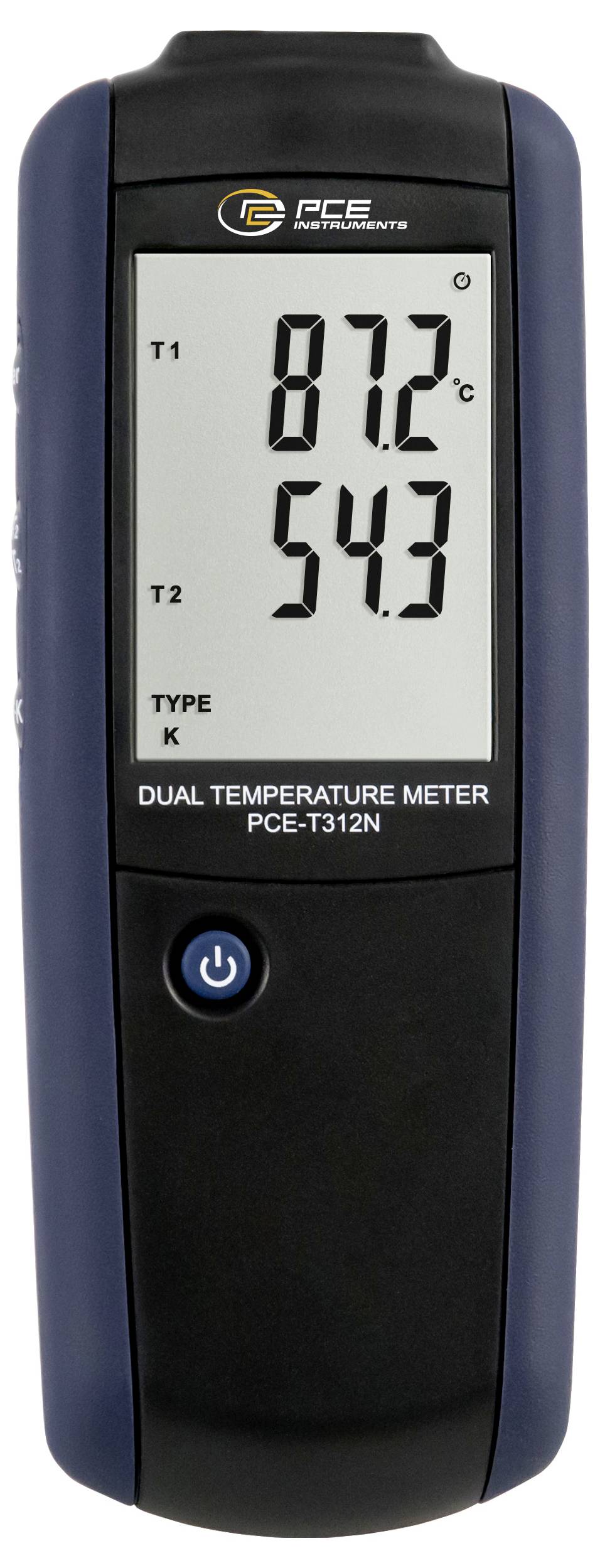 Digitales Dual-Thermometer mit Anzeige T1 87,2°C und T2 54,3°C, gekennzeichnet als "TYPE K" und "DUAL TEMPERATURE METER PCE-T312N".