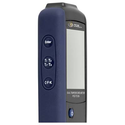 Handheld-Doppelthermometer von PCE Instruments, Modell PCE-T312N, mit großem Display und Tasten für Enter, T1/T2 und Stromversorgung.