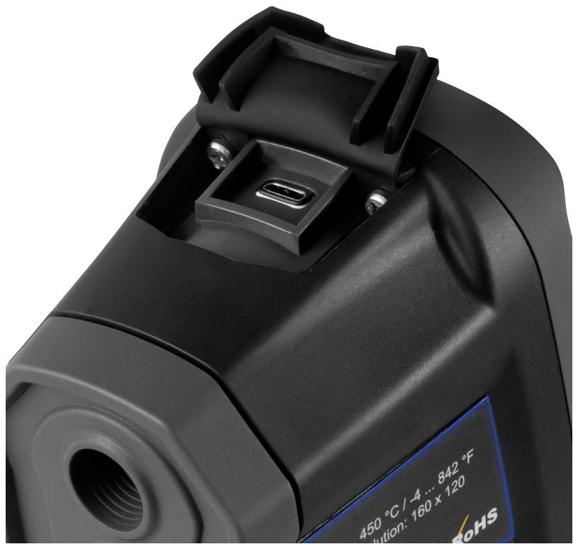 Thermografiekamera mit USB-Anschluss, darunter Spezifikationen zur Temperaturmessung in Celsius und Fahrenheit.