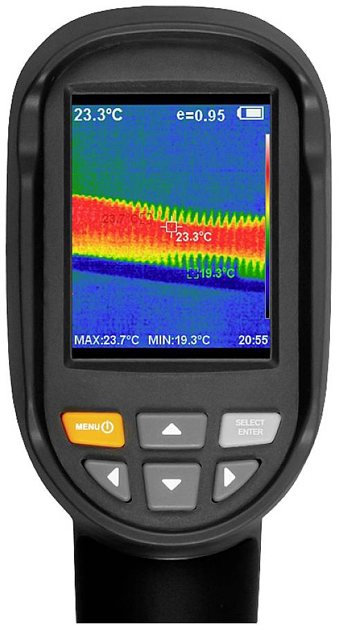 Ein Infrarot-Thermometer zeigt eine farbliche Wärmebildaufnahme mit Temperaturspanne 19,3°C bis 23,7°C auf einem digitalen Display.