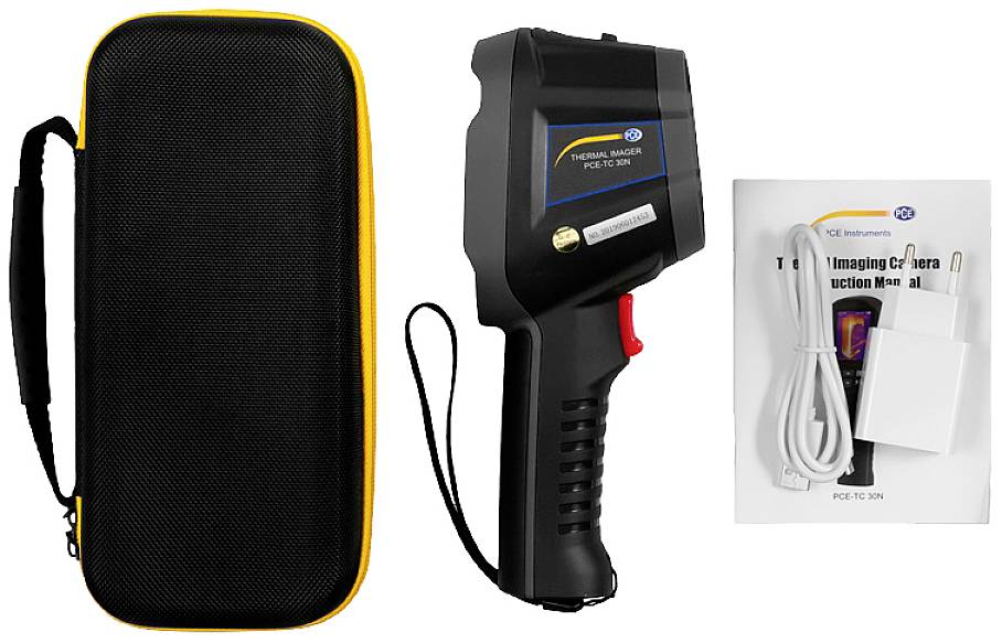 'Wärmebildkamera-Set mit Kamera, Schutzhülle, Ladekabel und Bedienungsanleitung. Für Thermografie-Anwendungen geeignet.'