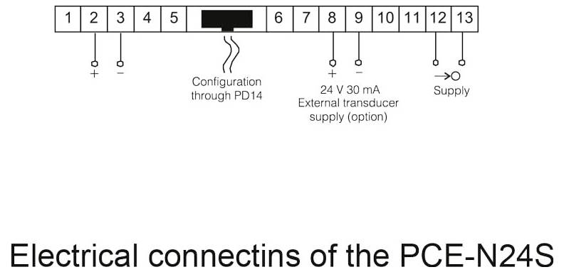 Schaltschema für PCE-N24S elektrische Verbindungen, zeigend nummerierte Anschlüsse 1-13, Konfiguration durch PD14, externe Aufnehmereigenversorgung und Stromversorgungsverbindungen.