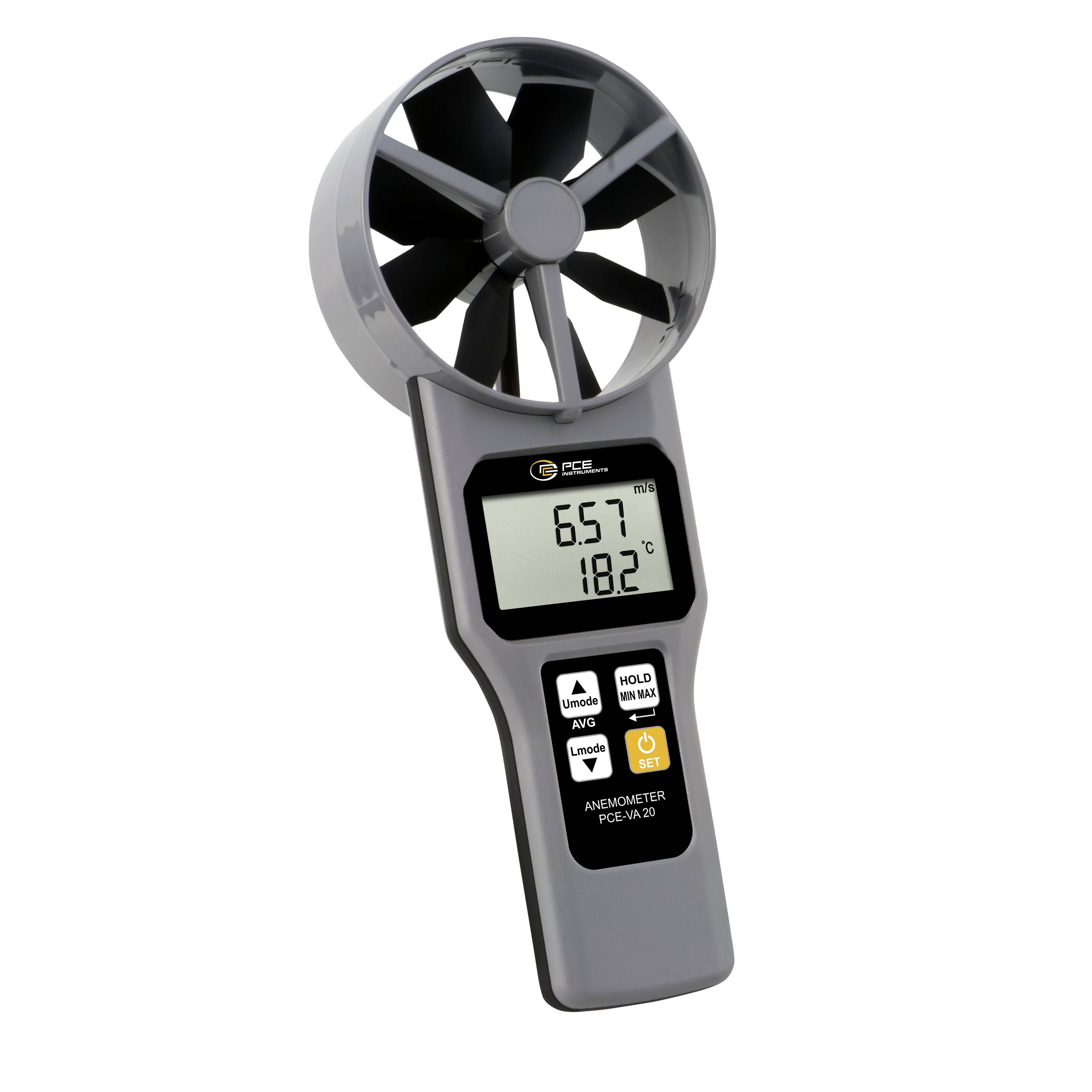 Tragbares digitales Anemometer mit einem Ventilsensor und Display zeigt eine Windgeschwindigkeit von 6,57 m/s und eine Temperatur von 18,2°C an.