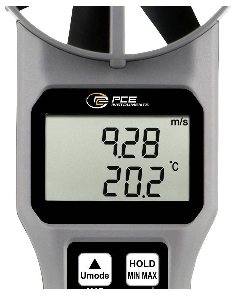 Tragbares PCE-Instrument Messgerät zeigt Windgeschwindigkeit 9,28 m/s und Temperatur 20,2°C an, mit sichtbaren Schaltflächen Umode und HOLD MIN MAX.