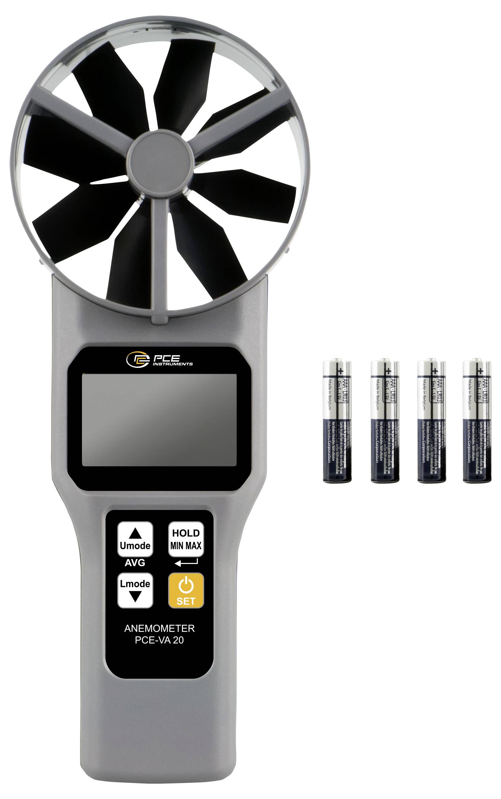 Digitales tragbares Anemometer mit großem Propellerlüfter und LCD-Display, gezeigt mit vier Batterien daneben.