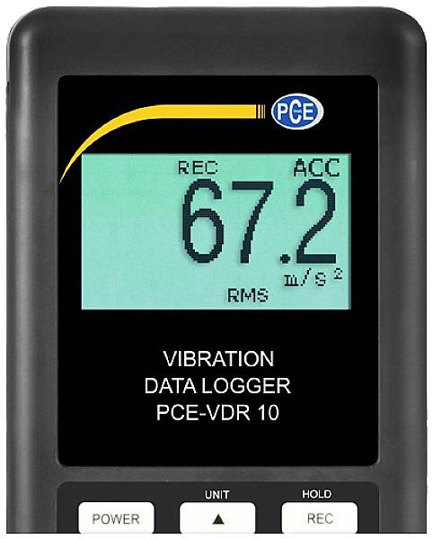 Ein Vibrations-Datenlogger mit Anzeige von '67,2 m/s² ACC' auf dem Bildschirm, Modell PCE-VDR 10, mit Tasten für Power, Unit und Hold.