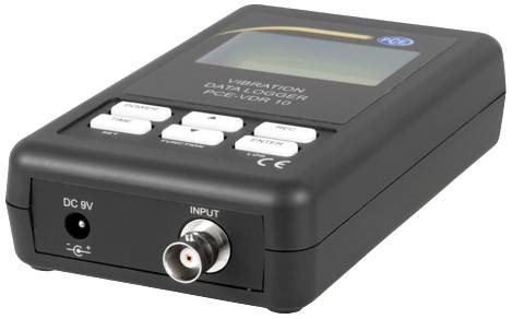 Tragbarer Vibration Data Logger mit Display und Bedientasten; misst und speichert Vibrationsdaten. Anschlüsse für Strom und Eingang.