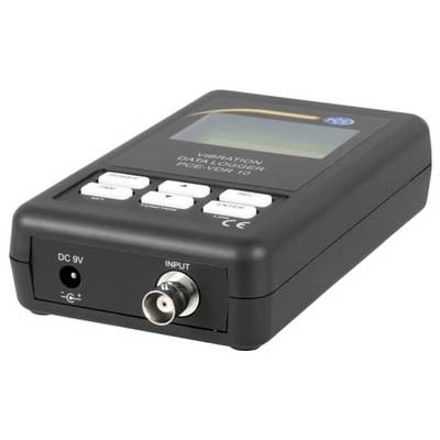 Tragbares Handgerät zur Erfassung von Vibrationsdaten mit LCD-Bildschirm, beschriftet mit „VIBRATION DATA LOGGER GENERATOR", mit DC-9V-Stromversorgung und Eingangssteckern an der Vorderseite.