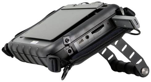 Ein robustes tragbares Gerät in einer Schutzhülle mit verschiedenen Anschlüssen und einem verstellbaren Griff.