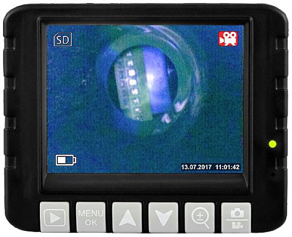 Ein Bildschirmanzeige eines digitalen Geräts zeigt ein Aufnahme-Symbol, den Text '13.07.2017 11:01:42' und verschiedene Steuertasten.