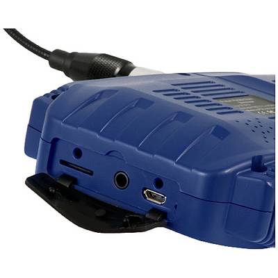 Ein blaues elektronisches Gerät mit verschiedenen Anschlüssen: Micro-USB, Audiobuchse und Speicherkartenslot.