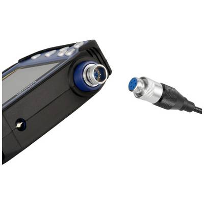 Ein Handgerät mit rundem Anschluss links und ein loses Kabel mit passendem Stecker rechts. Beide sind für Verbindung vorgesehen.
