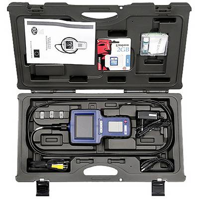 Ein Diagnosegerät-Set in einem schwarzen Koffer mit Kabeln, einem blauen Displaygerät, einer Bedienungsanleitung, einer Speicherkarte und Zubehör.