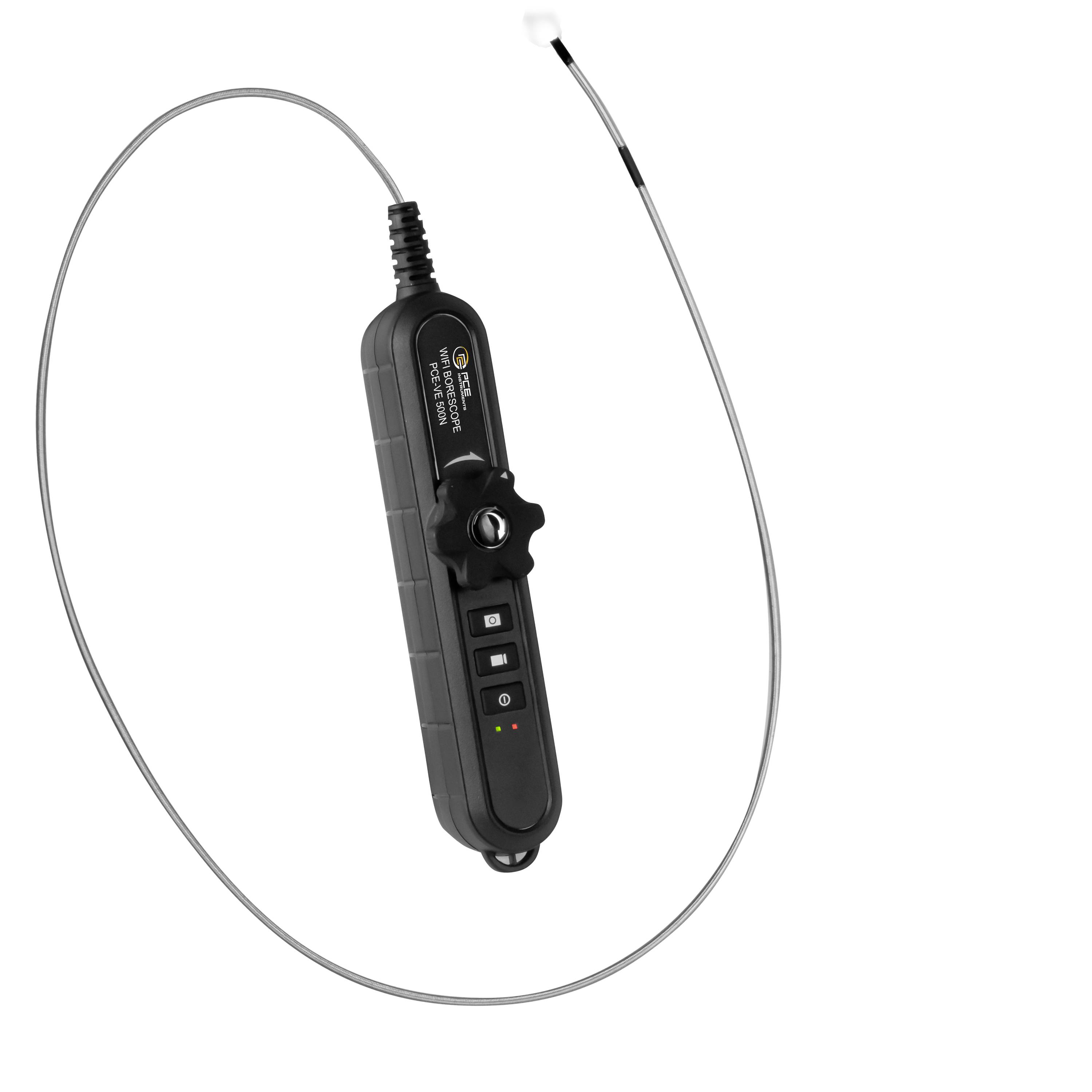 Tragbare schwarze Inspektionskamera-Steuereinheit mit flexiblem Sondenkabel, das um sie herum geschlungen ist, und einer kleinen Kamerasonde