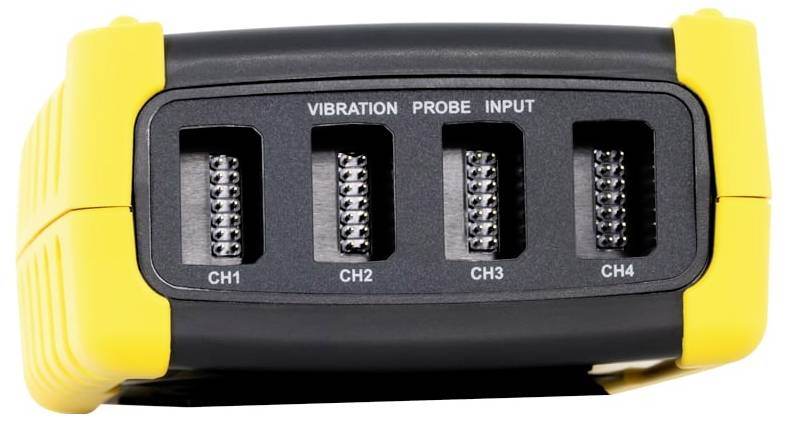 Vierkanaliges Vibrationssonden-Eingabegerät mit Anschlüssen mit den Bezeichnungen CH1, CH2, CH3 und CH4 auf einem gelb-schwarzen Gehäuse.