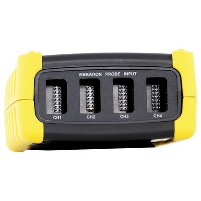 Vierkanaliges Vibrationssonden-Eingabegerät mit Anschlüssen mit den Bezeichnungen CH1, CH2, CH3 und CH4 auf einem gelb-schwarzen Gehäuse.