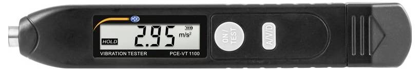 Handheld-Vibrationsprüfgerät mit Displayanzeige von 2,95 m/s², mit sichtbaren HOLD- und ON/TEST-Schaltflächen.