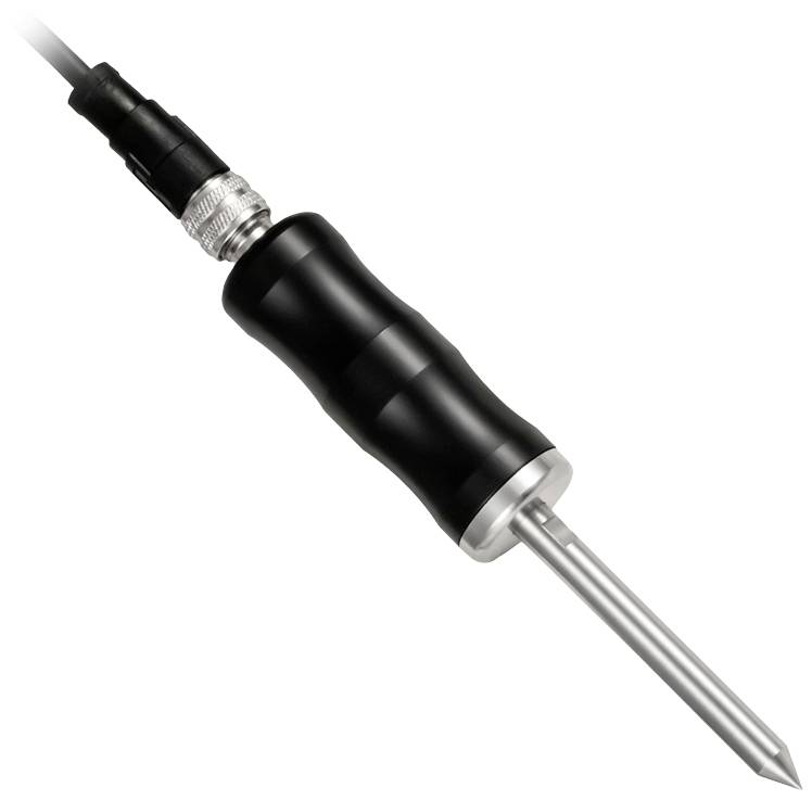 Ein schwarzer Temperatursensor mit metallischer Spitze und angeschlossenem Kabel, zum Messen in wissenschaftlichen oder industriellen Anwendungen.