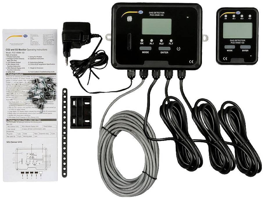 Ein Gasmessgerät-Set mit Zentraleinheit, zwei Sensoren, Kabeln, Netzteil und einer Bedienungsanleitung.