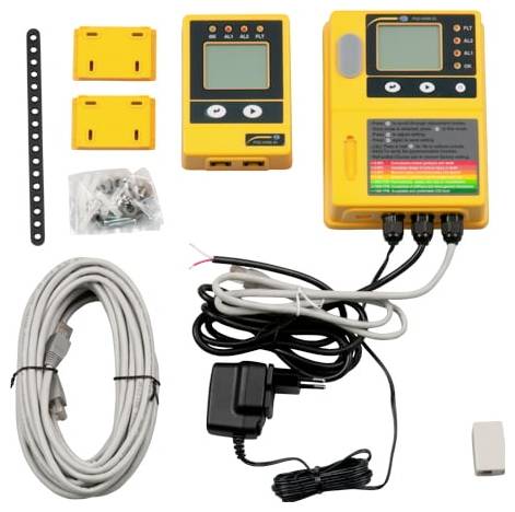 Gelbes elektronisches Steuerungsset mit zwei Controllern, zwei Ausgabemodulen, Montagestreifen, Schrauben, Kabeln und Netzteil auf weißem Hintergrund