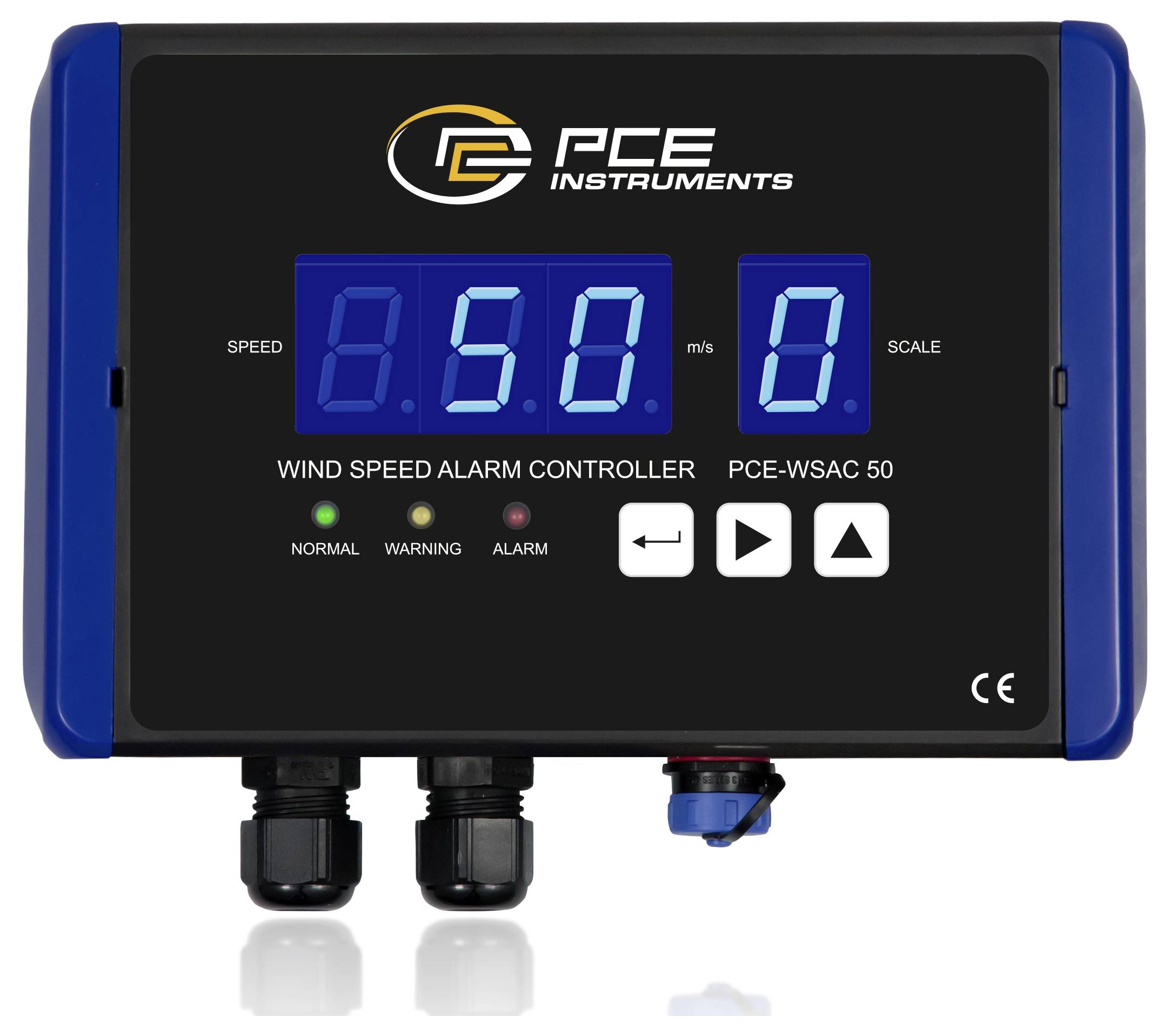 PCE Instruments Windgeschwindigkeits-Alarmregler mit digitalem Display, das eine Geschwindigkeit von 5,0 m/s und eine Skala von 0 anzeigt, sowie Normal-, Warn- und Alarmindikatoren.