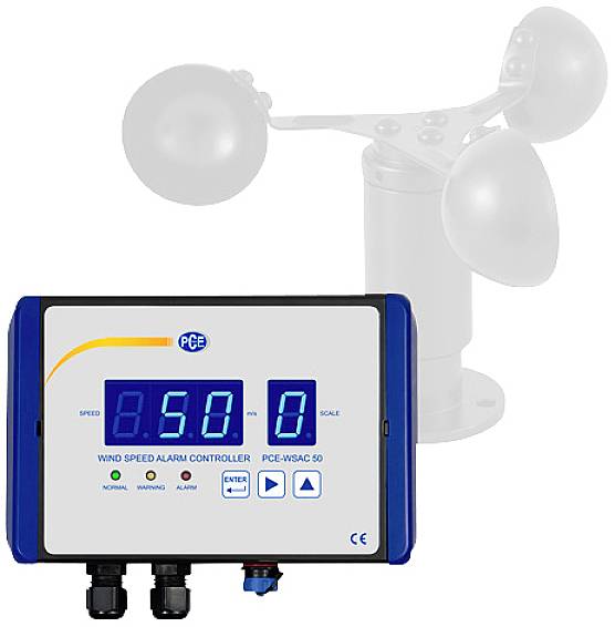 'Wind Speed Alarm Controller', zeigt 5,0 auf der digitalen Anzeige. Gerät zur Windgeschwindigkeitsmessung, mit Bedientasten.