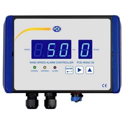 Digital-Windgeschwindigkeit-Alarmregler mit blauem Display, das 5,0 m/s anzeigt, Skala 0, Statusleuchten und Tasten für Eingabe, Wiedergabe und Auf.