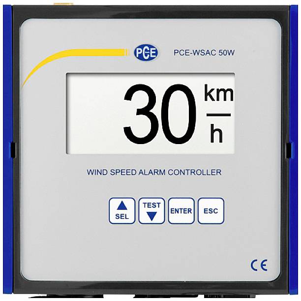Ein Windgeschwindigkeitsalarm-Controller zeigt '30 km/h' an. Tasten: SEL, TEST, ENTER, ESC.