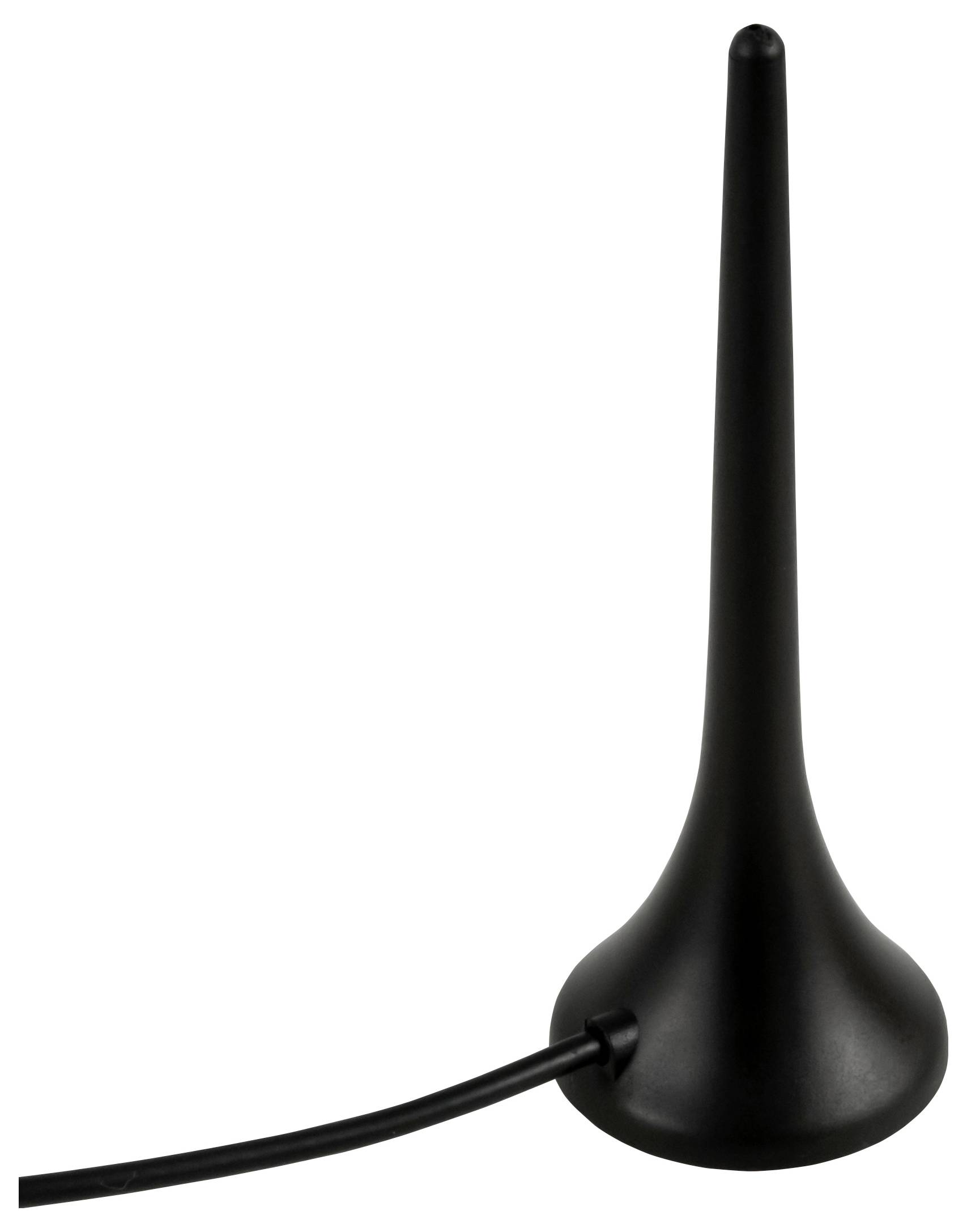 Schwarze konische Antenne mit einem an ihrer Basis befestigten Kabel auf weißem Hintergrund.