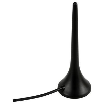 Schwarze kegelförmige Antenne mit langem vertikalem Mast und angeschlossenem Kabel auf weißem Hintergrund.